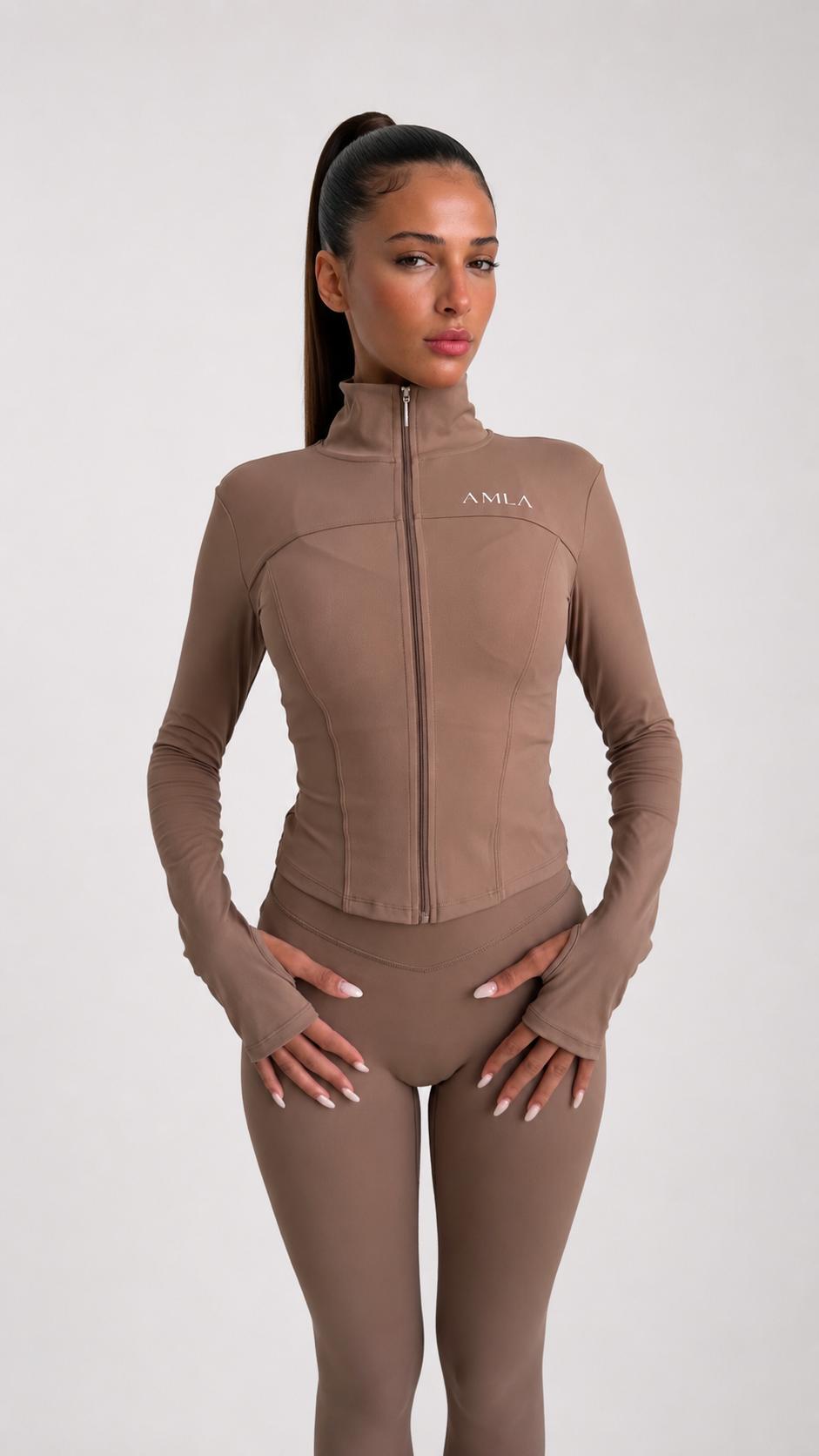 Sculpt High-Neck Fitted Jacket in Mocha